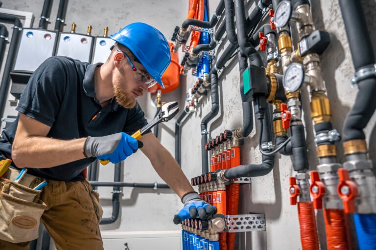 The technician checking the heating system in the boiler room